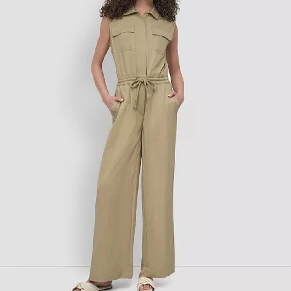 DKNY Twill Button Front Drawstring Waist Pale Moss Jumpsuit Womens Size XL NWT